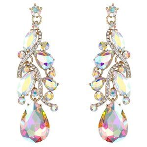 Yellow Gold with Iridescent AB Austrian Crystal Teardrop Chandelier Earrings